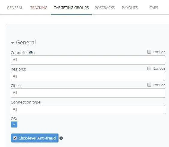 Affise targeting group settings for redirects