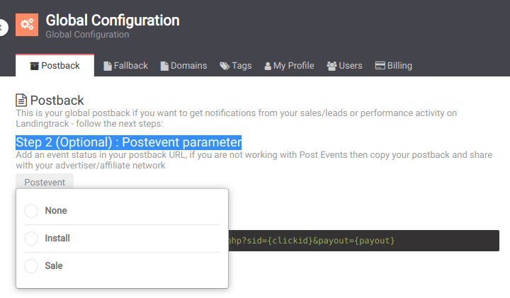 How to set an event status for your postback url in landing track
