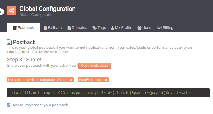 Global postback configuration in landing track